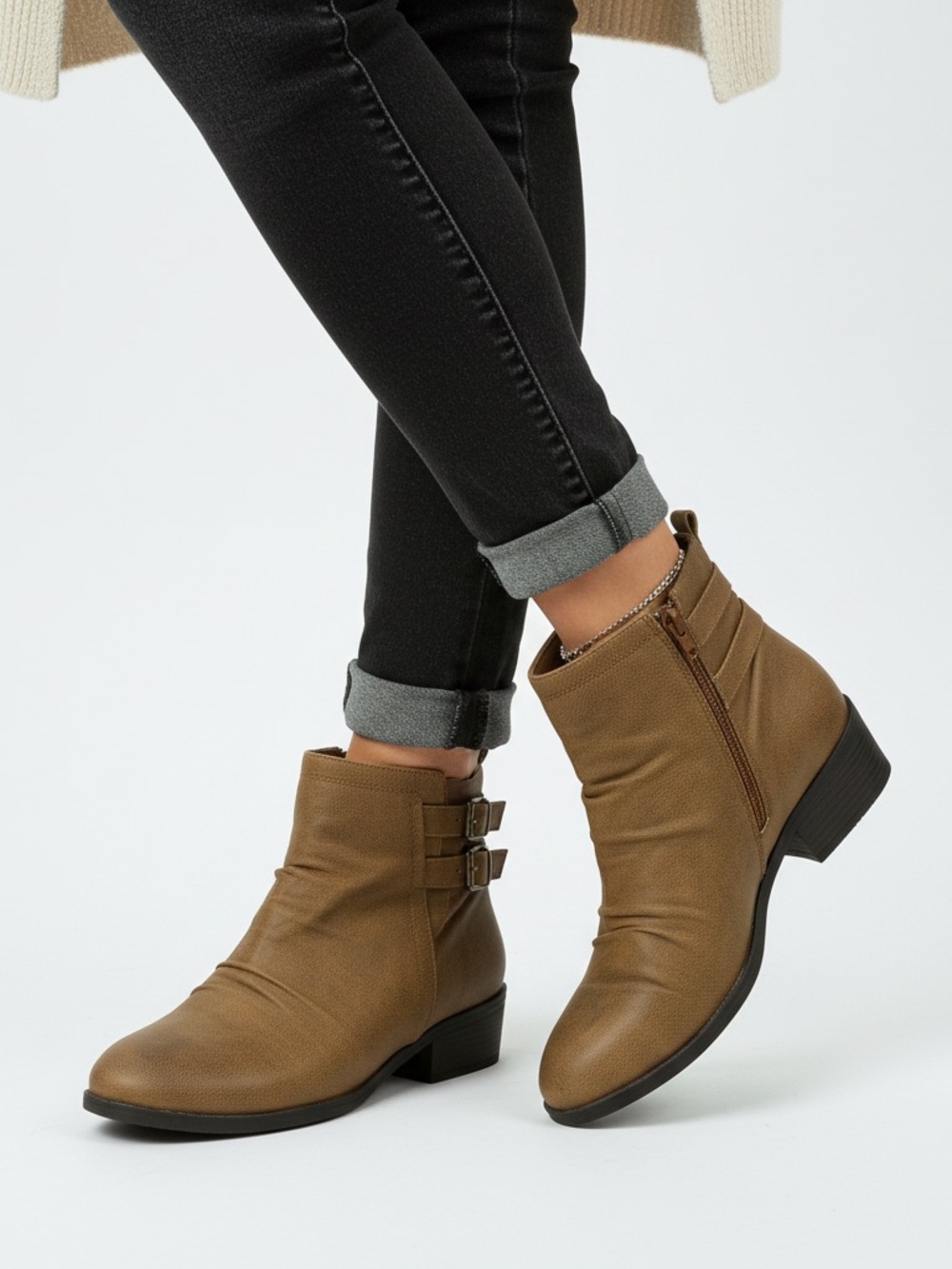 BareTraps Tan Double-Buckle Ankle Boots